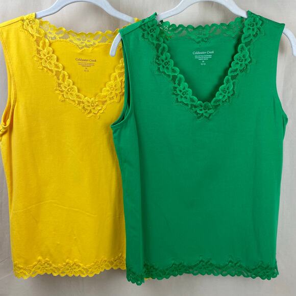 Coldwater Creek Sz Medium Lace Trim Sleeveless Bundle - 2 Tank Tops Green Yellow - Picture 1 of 6